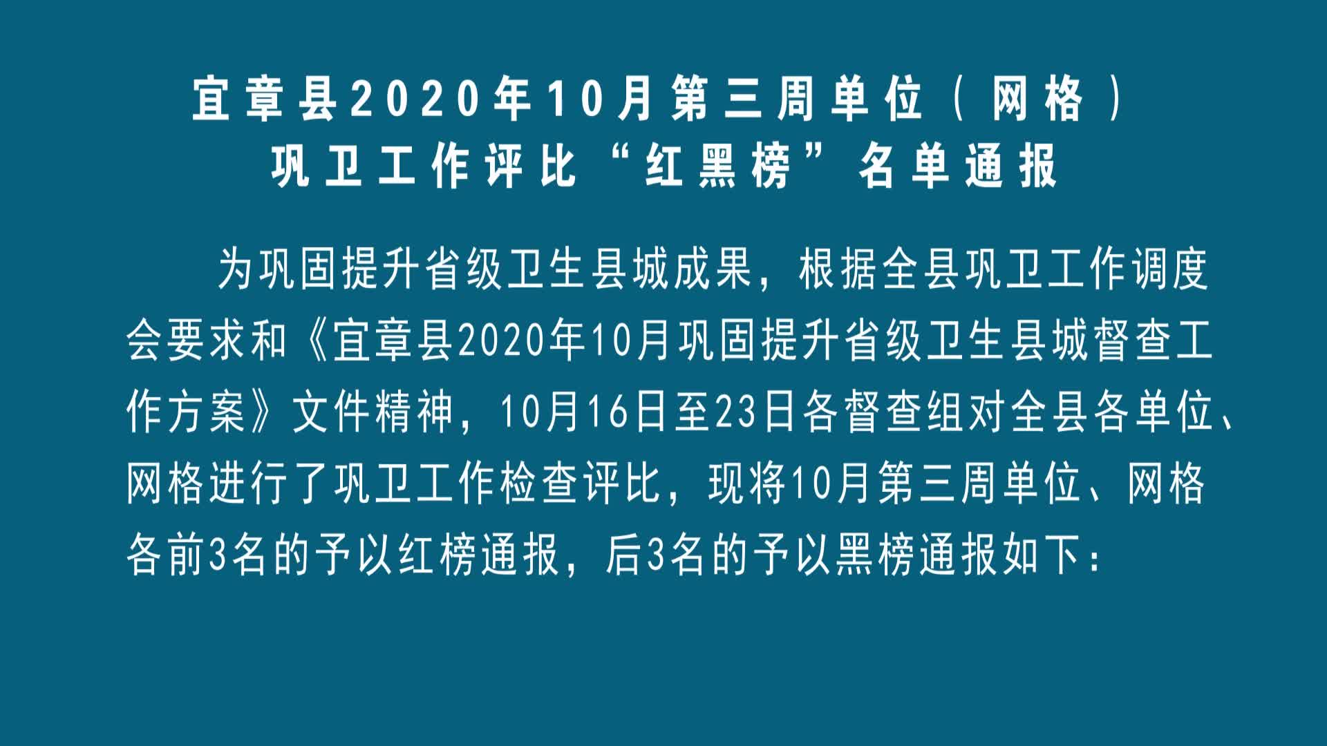 宜章县2020年10月第三周单位网格巩卫工作评比红黑榜名单通报